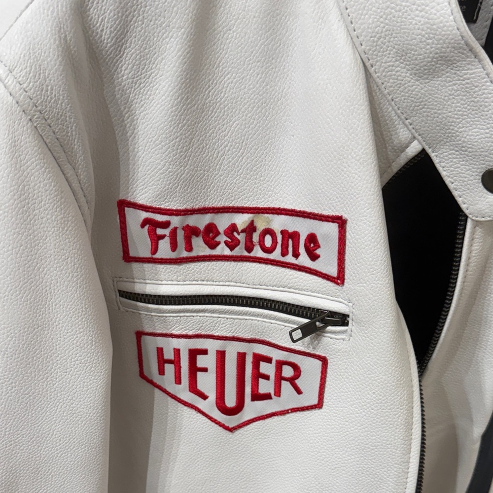 Vintage Women White Leather Racing Jacket with Patches - Picture 5 of 13